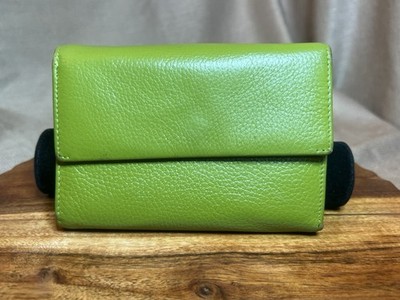 Vera Pelle Italy Genuine Leather Women Trifold Wallet Green Off White Multicolor