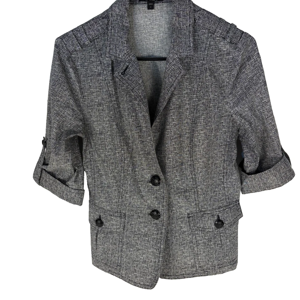 Chaqueta Blazer Express Negra Blanca Imitación Tweed Ligera con Pestaña Enrollable Talla 8 Foto 2 de 4