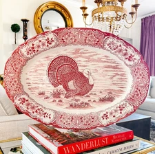 Vintage Red & White Transferware Turkey Platter 20" Meat Platter
