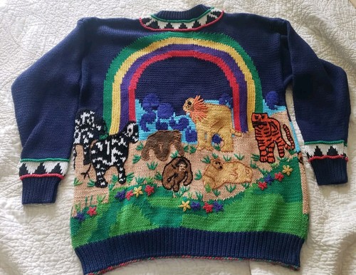 Vintage IsKnitCute! Hand Knitted Noahs Ark Womens Sweater Size Large EUC - Picture 2 of 5