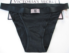 VICTORIA'S SECRET Cotton Tanga String Bikini Panty L Black VS Shine Patch NWT