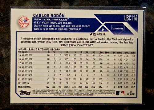 2023 Topps Chrome Update Carlos Rodon Image Variation Refractor SP New York - 第 2/2 張圖片