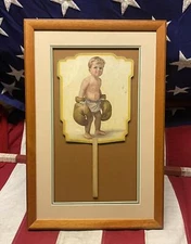 Vintage 1910s Boxer Boy in Boxing Gloves Graphic Antique Novelty Fan Framed Nice