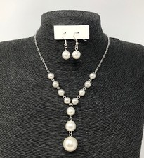 Faux Pearl White Necklace Earring Set Wedding Bridesmaid Women Girl 16" Ivory