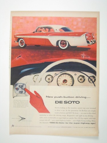 1956 Vintage DeSoto Push Button Driving Print Ad MOD Luxury Car AD - 第 1/2 張圖片