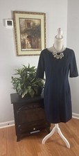 Tahari Arthur Levine Women Dress 6 Dark Blue Short Sleeve Fitted Sheath Pockets