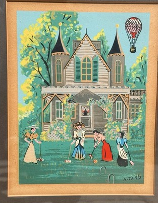 Vtg Nicholas Takis Signed Screen Print Framed Victorian Woman Playing Croquet
