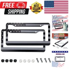 American Flag License Plate Frame - Black Frame, 2 Packs Universal Aluminum f...