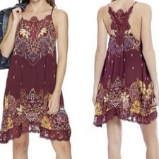 Free People Intimately Lace Slip Dress Wine Floral Boho NWT Size Small