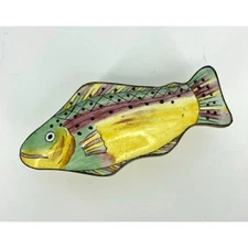 Vintage Enamel Trinket Box Fish Yellow Green Collectible