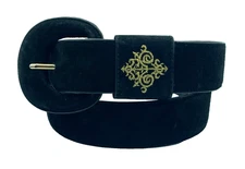 Vtg Sostanza Black Pig Suede Leather Belt Gold Embroidered Buckle womens Size M