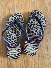 13C/1Y Havaianas Girls Black With Leppard PINK Print New Flip Flops Sandals