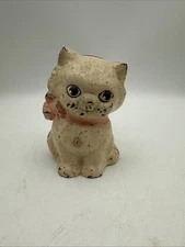 Vintage Cast Iron Kitty Cat Piggy Bank Tiffany Pink Bow - Original Paint