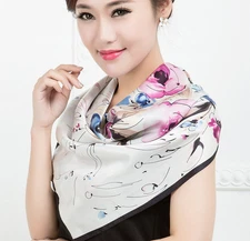 100% Silk 35" Large Square Scarf Women Shawl Wrap floral white pink blue MY172