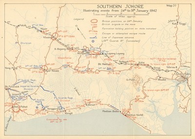 Southern Johore. Japanische Invasion Malaya. 24.-31. Januar 1942 1957 Karte
