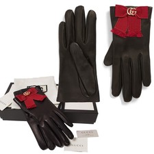 GUCCI GLOVES 434223 BLACK LEATHER GROSGRAIN BOW G LOGO 630 sz S / 7
