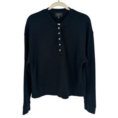 Earnest Sewn Black Cropped Henley Crewneck Sweater Winter Casual Relaxed S