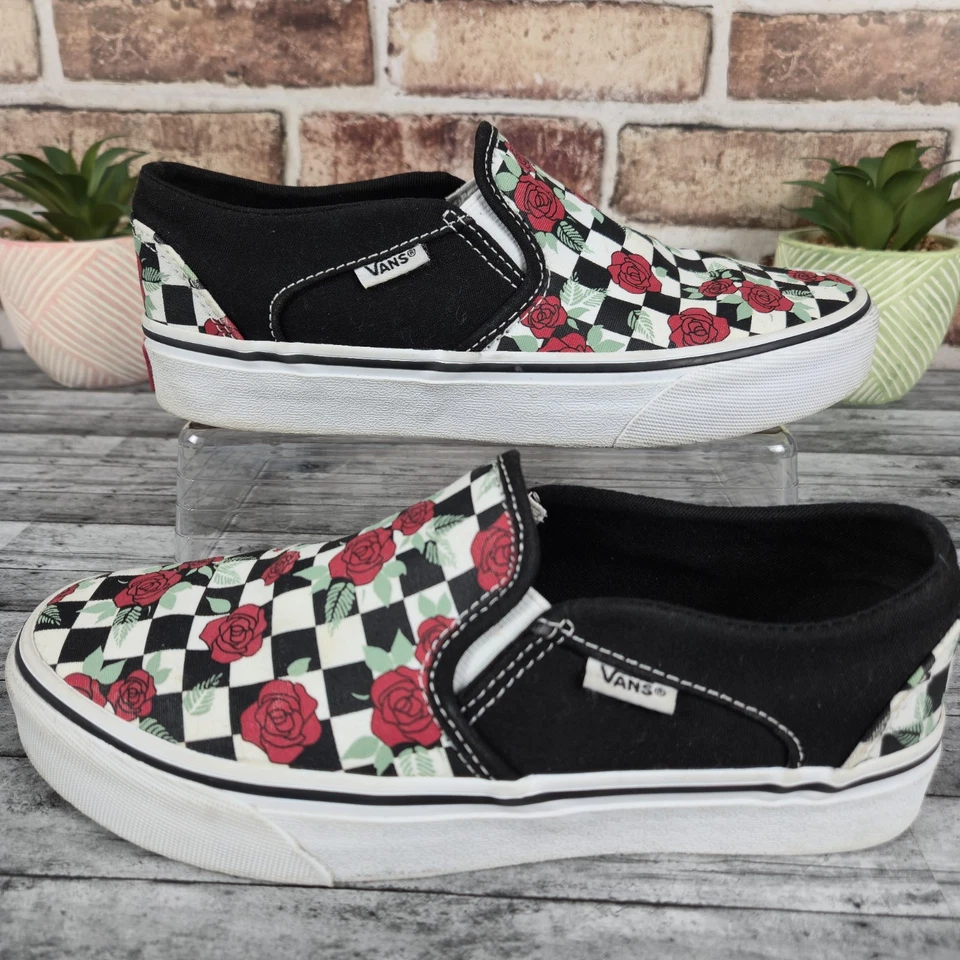 Vans Women's Asher Off the Wall Slip On Shoes Black & White Checkerboard w/Roses - Image 3 of 4