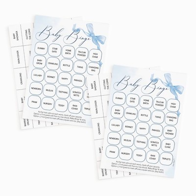 Baby Shower Bingo - blaues Schleifenmotiv, Junge, zart, edel, Band, Spiel, Party