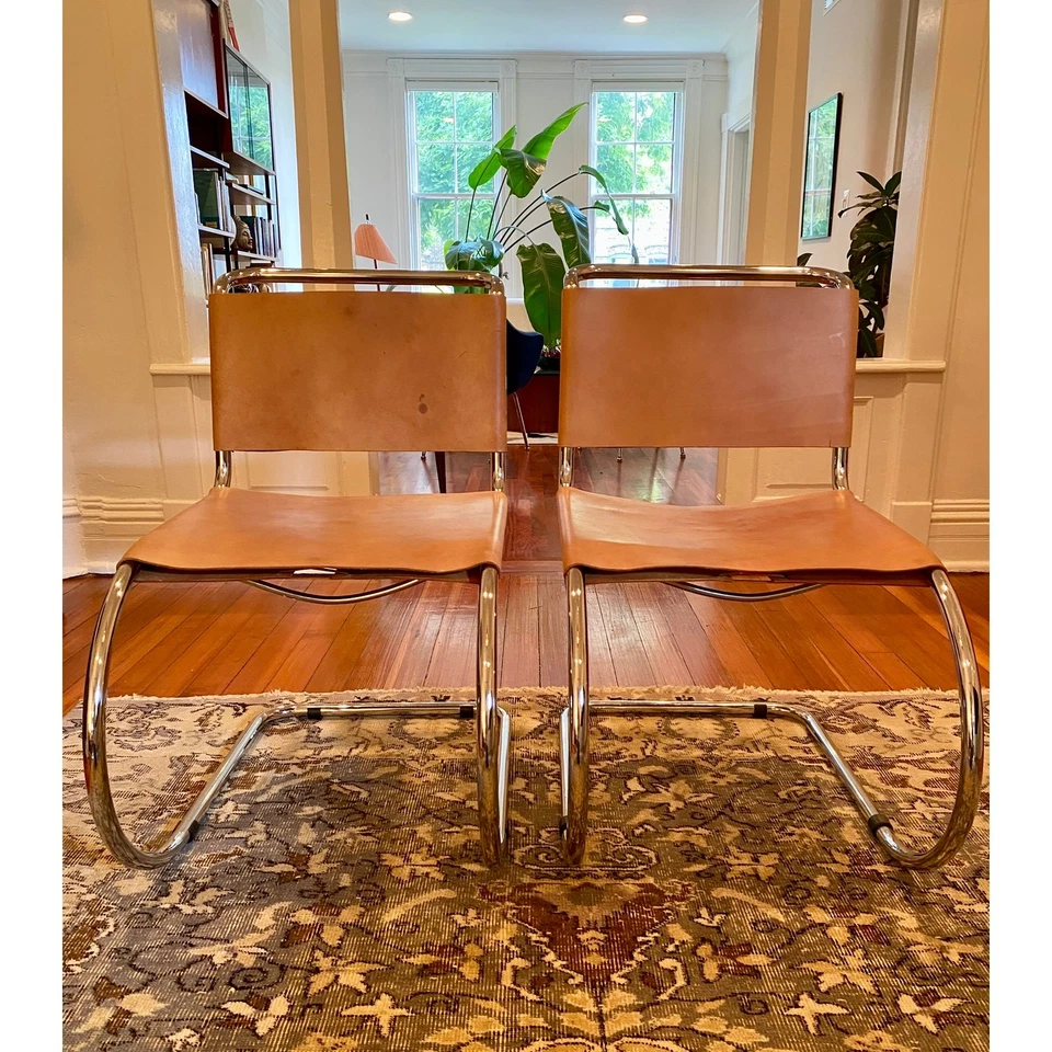 Par de sillas Mies van der Rohe MR10 cuero Knoll cromado mediados de siglo modernas Foto 3 de 4