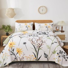 Sage Green Floral Quilt Set Queen Size, Yellow White Botanical Flower Quilt 3...