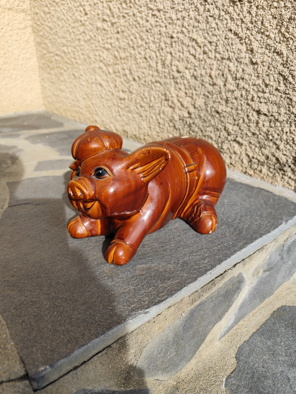 Antique Pig Breaking Earthenware Piggy Bank - Handmade
