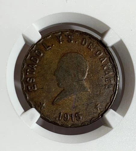 1915 MEXICO OAXACA 10 CENTAVOS 2ND BUST NGC AU58BN, COPPER COIN