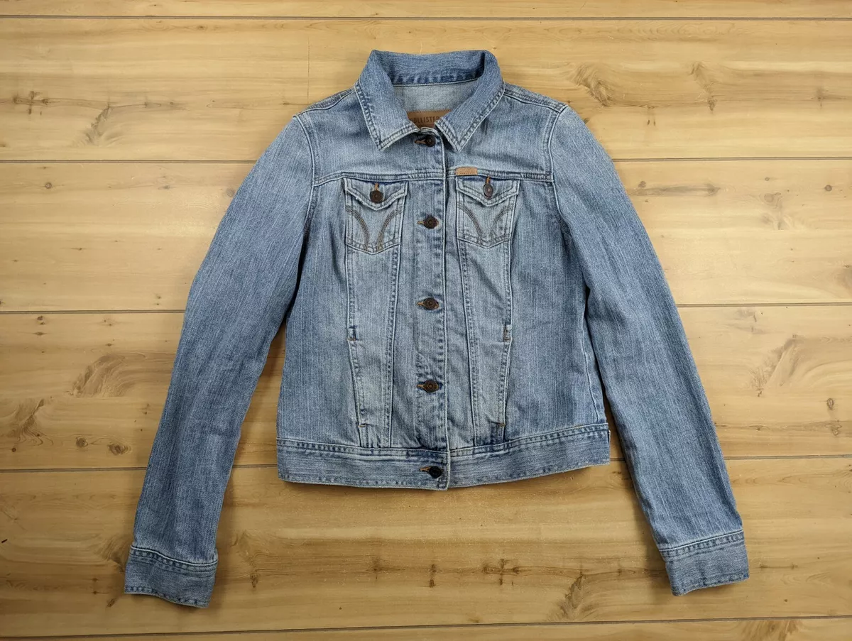 Hollister Denim Jacket Womens/ Junior Size L Distressed Light Blue Fadded  EUC | eBay