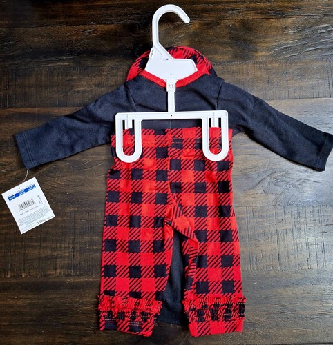 NWT Gerber Baby Girl Buffalo Plaid Black/Red Onesie/Pant/Hat Set Size 0-3 Months - Picture 2 of 9