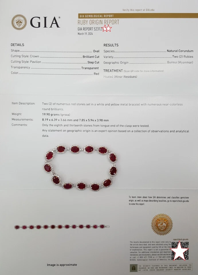 Oval Burma Pigeon Blood Ruby & Diamond 18k 2-Tone Gold Bracelet 24.5 ct Rt $180K - Image 3 of 4