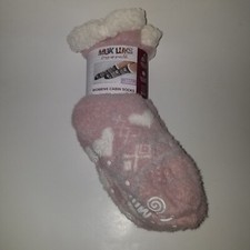 NEW Muk Luks Women's Cabin Socks Pink White Heart S/M 5-7 Non-Skid  2 Pair Pack