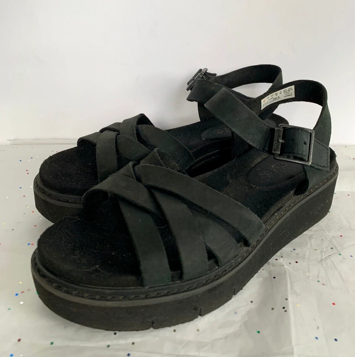 Sandali Timberland neri nabuk incrociati grossi cinturino alla caviglia plateau taglia 7