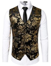 Mens Hipster Gold Paisley Single Breasted Suit Dress Vest/Tuxedo Waistcoat Z4...
