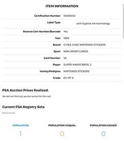 1989 OPC nintendo #58 super mario bros 2 rc;  *SERIES II* NES  PSA 6  (POP 1)