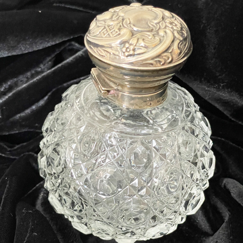 Antique Cut Glass Perfume Bottle with Silver Top, Marked Ca