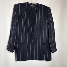 Linda Allard Ellen Tracy 100 Silk Navy Pinstripe Blazer Jacket Womens 12 Vtg