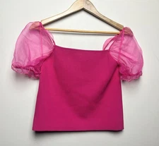 House of Harlow Peacock Flirty Pink Puff Sheer Sleeve Crop Top Size Small