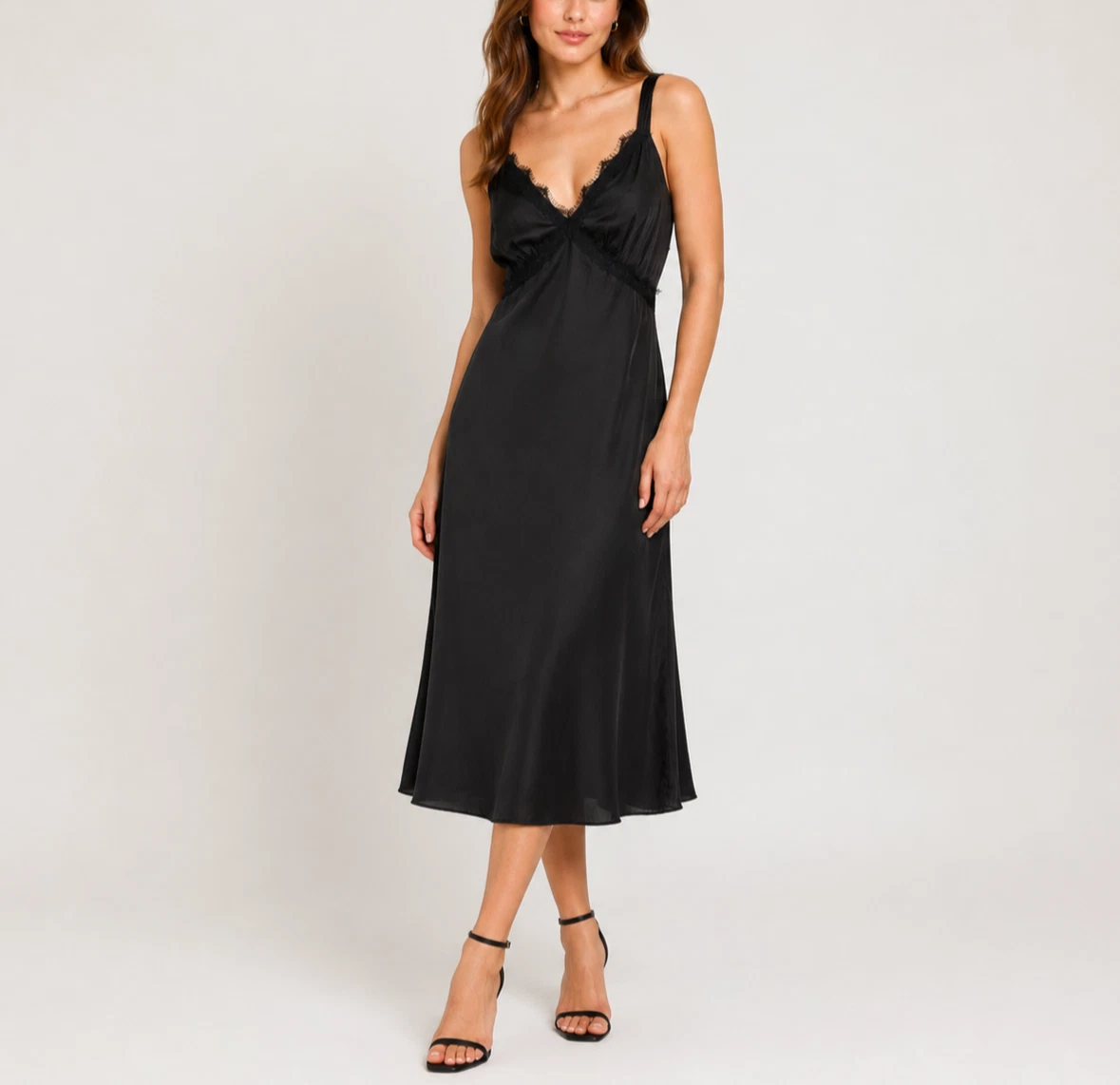 ribbed lace trim dress Ribbed Long Sleeve Midi Dress With Lace-Trim V-Neckline main image 1