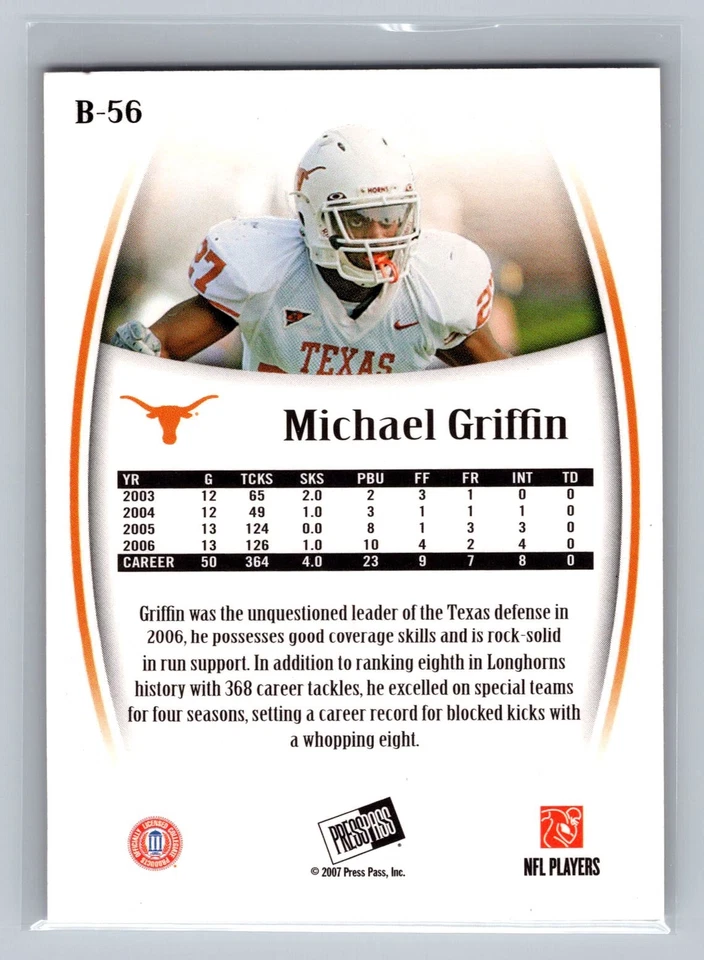 2007 Press Pass Legends #B-56 Michael Griffin Bronze #/999 Texas Longhorns - Image 2 of 2