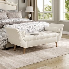 Bench with two cushions Soft-padded rivets Curved armrests Solid wood legs