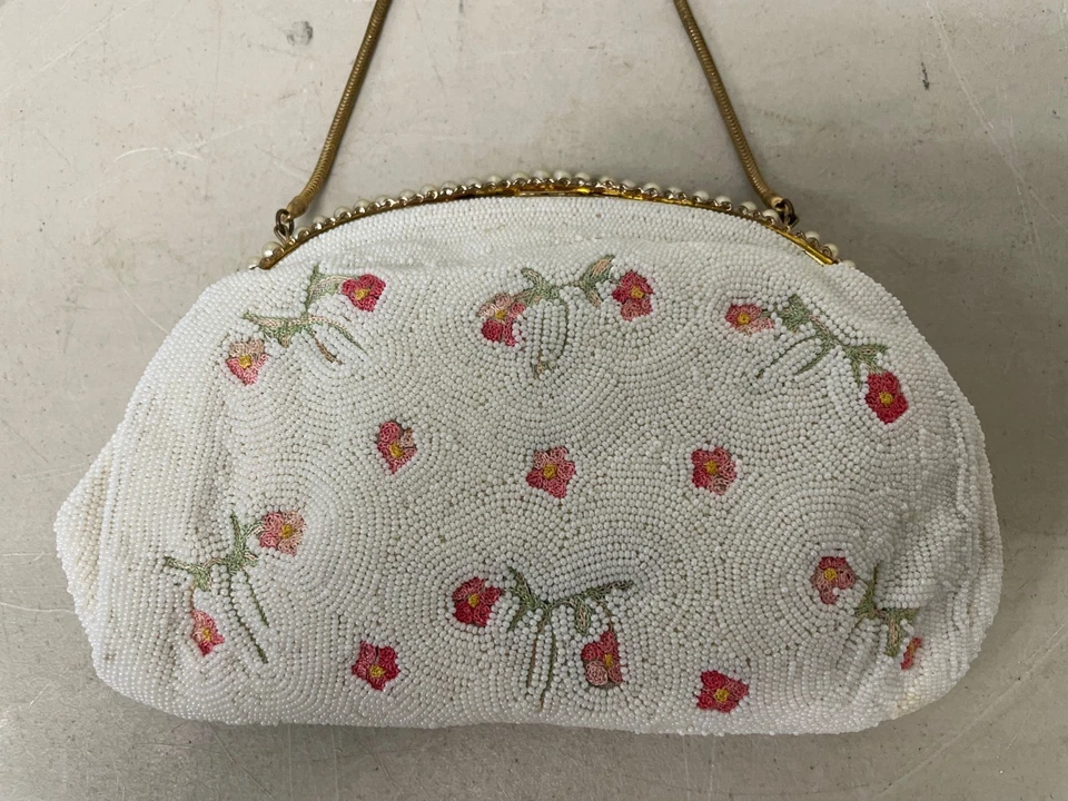 BOLSO VINTAGE CHUNN MARFIL FLORES PASTEL CUENTAS BODA HECHO A MANO FRANCIA Foto 2 de 4