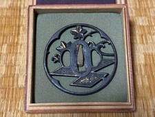 Japanese Iron Sukashi Tsuba Sword Guard Gold Inlay Openwork 7.9cm 87g