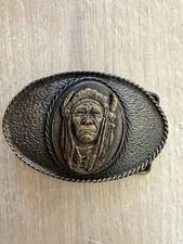 Vintage Southwest American Belt Buckle Headdress Portrait Buffalo Bison Hammered