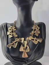 Vintage Gold Tone Abstract Geometric Statement Necklace Rhinestones Modern