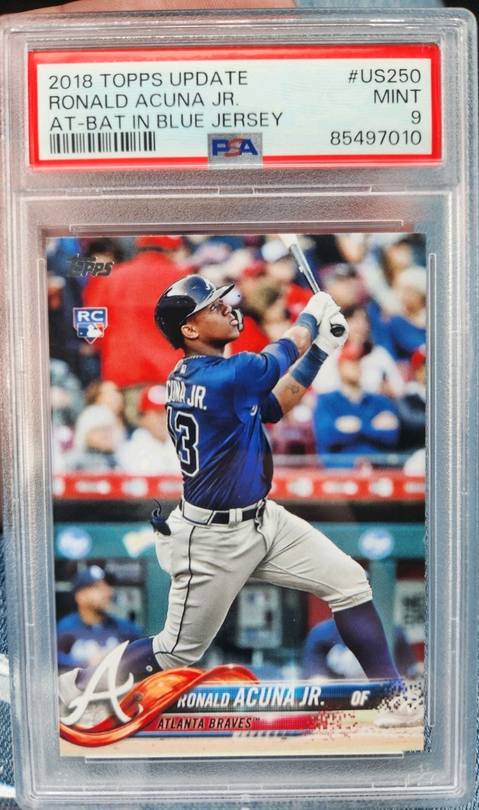 2018 TOPPS UPDATE #US250 RONALD ACUNA JR. "AT-BAT IN BLUE JERSEY" RC PSA 9! Mt!
