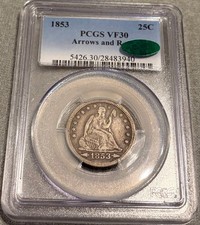 1853 Seated Liberty Quarter  (Arrows & Rays)  PCGS VF 30 (CAC)  PQ Original Type