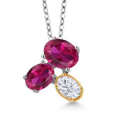 925 Silver and 10K Yellow Gold Created Ruby and White Moissanite Pendant