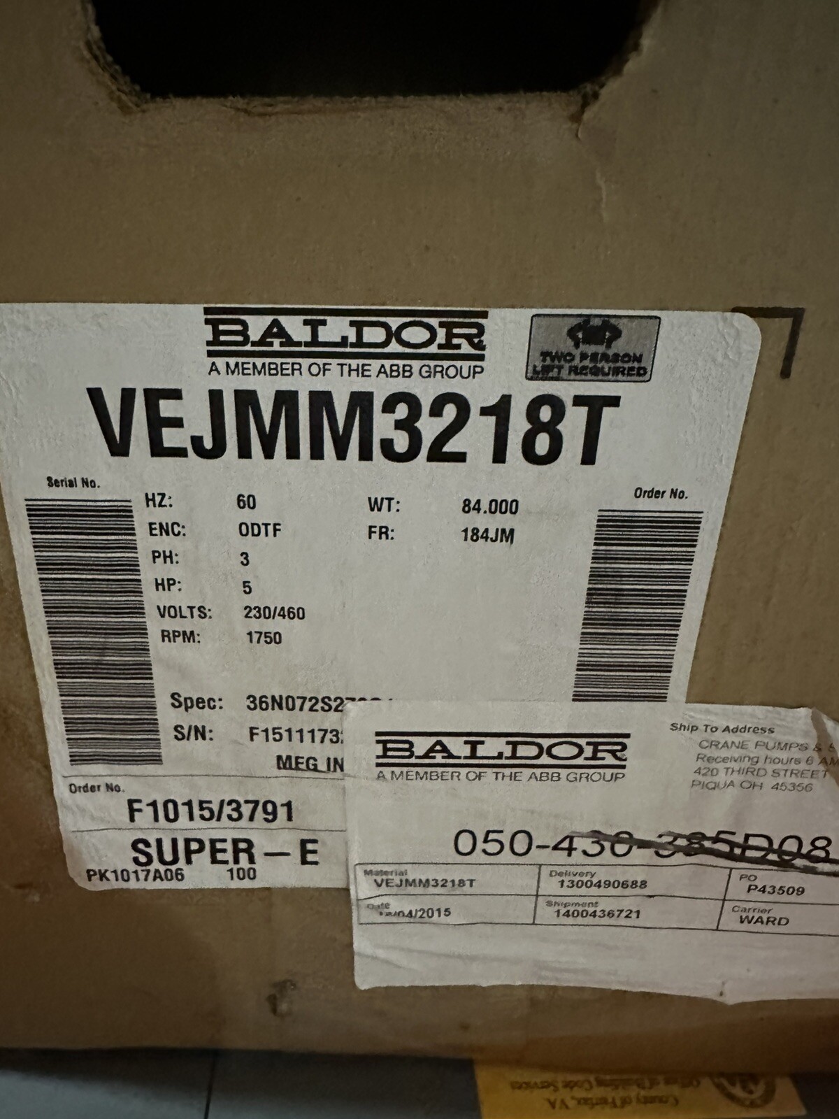 VEJMM3218T - ABB - BALDOR - 5HP,1750RPM,3PH,60HZ,184JM,3640M,ODP,F1