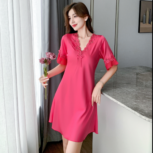 Women Nightdress Short Sleeve V Neck Lace Satin Dress Lounge Sleepwear Lingerie - Bild 5 von 18