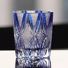 Edo Kiriko Crystal Whiskey Glasses Hand Cut To Clear Blue 9oz Gift Packing